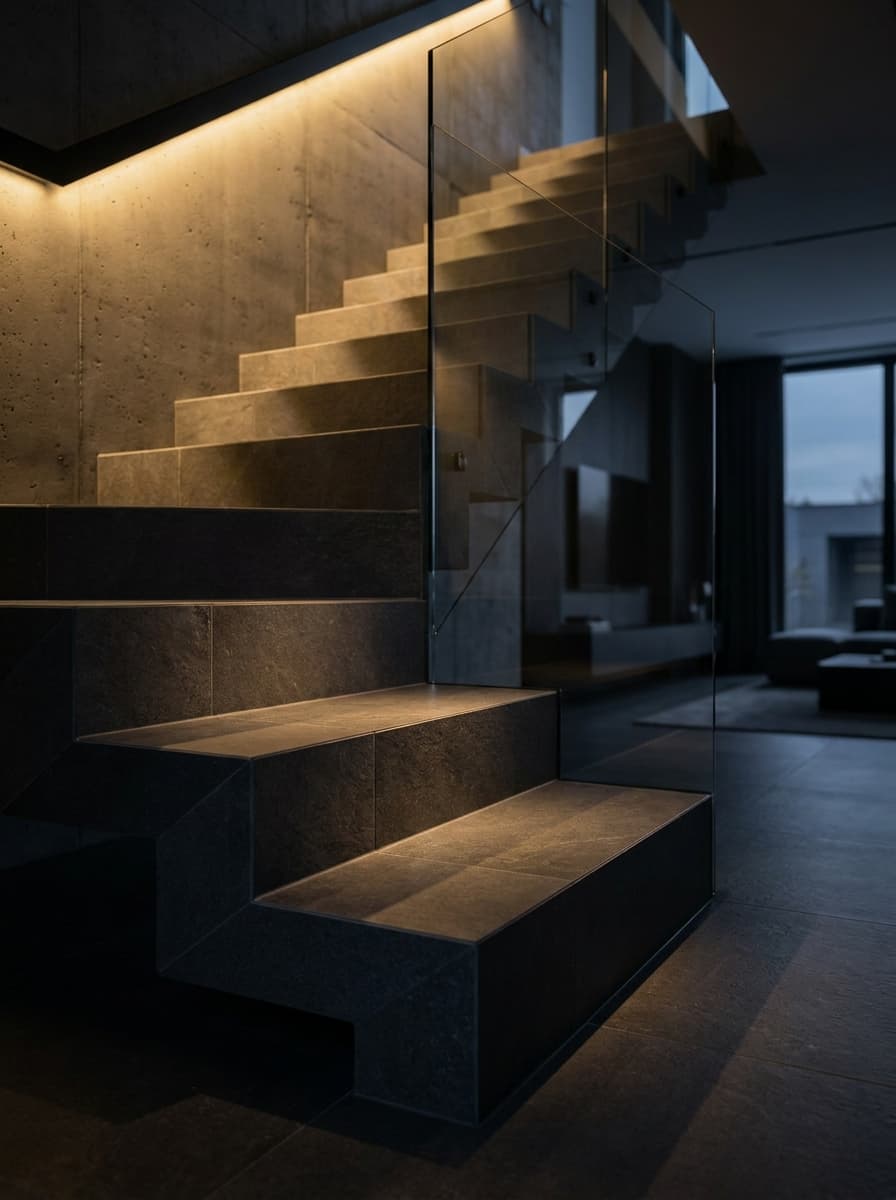 Schwebende Treppe — Treppe · Feinsteinzeug, Fliesenprojekt in Miltenberg
